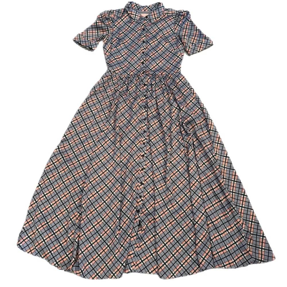Gal Meets Glam Collection Colette Blue Plaid Button-Down Maxi Dress Size 12 - Picture 6 of 16